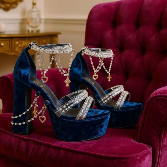 Holy Revelation ✦ Platform Heels ✦ Sapphire Velvet w/ Pearls & Cross Chains NWT - Picture 2 of 4